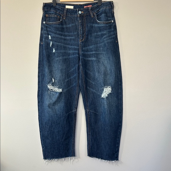 Pilcro The Bow Boyfriend Barrel Leg Wide Leg Jeans Size 29 Dark Blue Rinse Wash - Picture 1 of 13